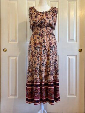 Lucky Brand Boho Floral Tiered Midi Dress w/Smocked Waist, Ruffle Straps Size XL